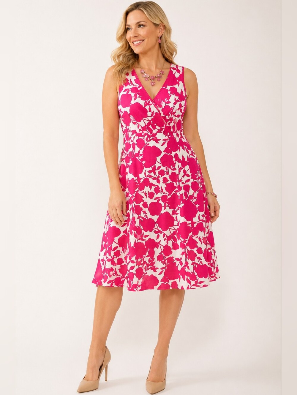 Sleeveless Pink Floral V-Neck A-Line Dress